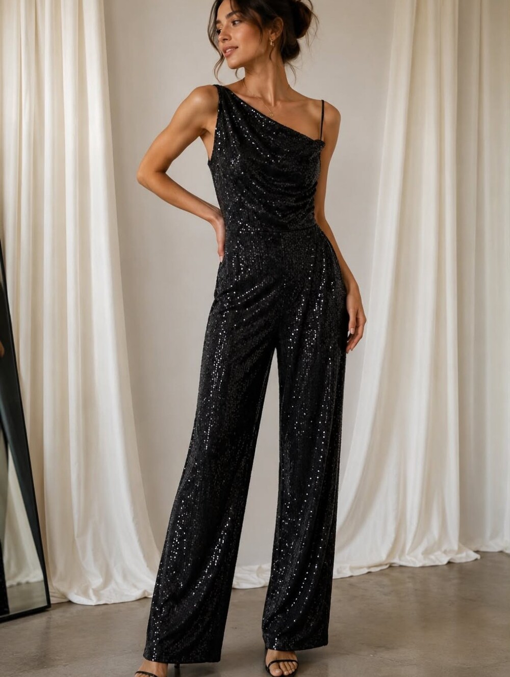 Elegant Black Sequin One-Shoulder Jumpsuit